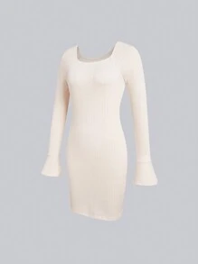 SHEIN Unity 素色喇叭袖緊身洋裝 - 杏色 - 查看 5