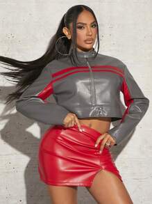 SHEIN SXY Striped Trim PU Leather Crop Jacket Winter Women Clothes - Dark Grey - View 3