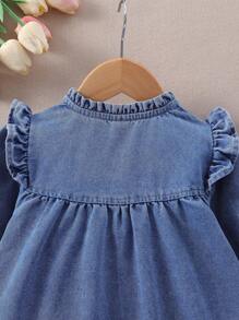Young Girl Ruffle Trim Lantern Sleeve Denim Smock Top - Medium Wash - View 6