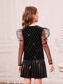女大童網紗拼接羊腿袖金屬亮絲T恤&百褶半身裙 - 黑色 - 查看 2