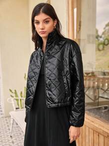 SHEIN Frenchy Zip Up Snap Button Front Quilted Coat In Fall/Winter Black Casual - Black - View 3