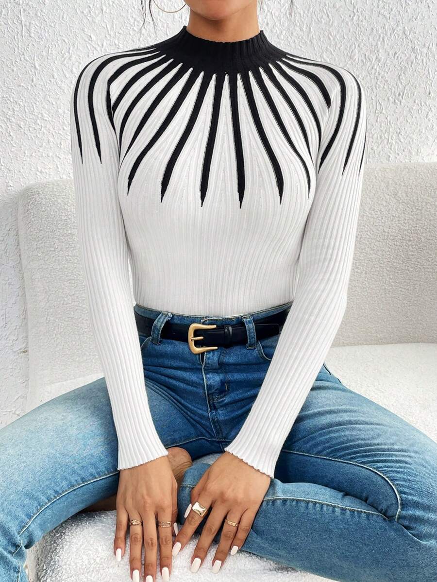 Mulvari Áo len cổ cao hai màu, chất liệu dệt kim, thích hợp cho mùa thu đông. - trắng - Xem 1