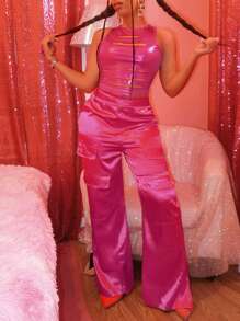 Slaydiva 素色側翻蓋口袋闊腿褲 - 粉色 - 查看 1