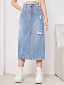 SHEIN 青少年女孩破洞斜口袋牛仔半身裙 - 淺色水洗藍 - 查看 1