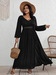 SHEIN VCAY 大碼水溶蕾絲拼接燈籠袖高衩洋裝 - 黑色 - 查看 5