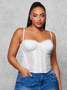 SHEIN BAE Top tipo camiseta con bustier de encaje para tallas grandes - Blanco - Ver 4
