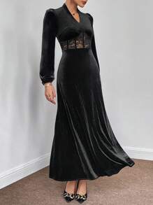 SHEIN Privé Vestido con encaje en contraste de manga farol de terciopelo