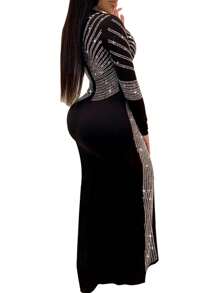 Rhinestone Detail Split Thigh Dress - 黑色 - 查看 2