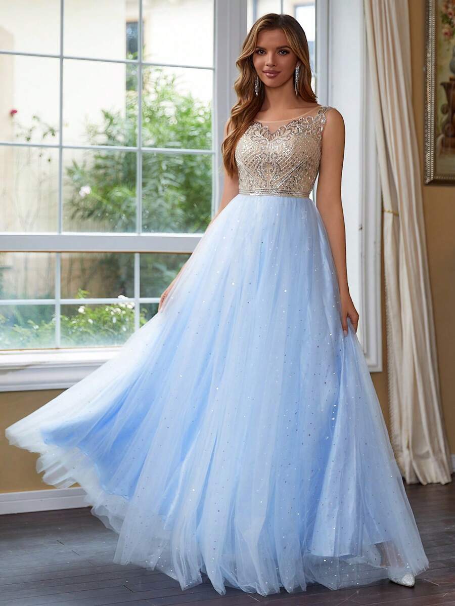 Contrast Sequin Mesh Prom Dress Prom Dresses For Women - Baby Blue - View 1