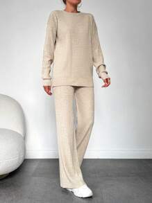 EURMUSE Drop Shoulder Sweater & Knit Pants - Beige - View 5