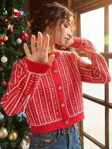 Knit Mix 幾何圖案前紐扣開襟衫 - 紅色 - 查看 8