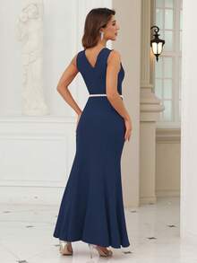 Cut Out Mermaid Hem Prom Dress Without Belt - Navy Blue - View 2