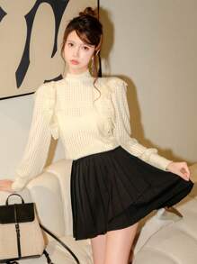 DAZY Damen Oberteil mit Stehkragen, Spitzenrüschen und Langarm