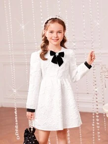 SHEIN Fern Glow  Tween Girl Bow Front Jacquard Contrast Trim Dress - Black and White - View 1