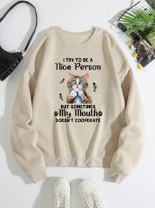 SHEIN Unity Khẩu hiệu & Đồ họa Hoạt hình Lót nhiệt Áo nỉ - Màu be - Xem 1