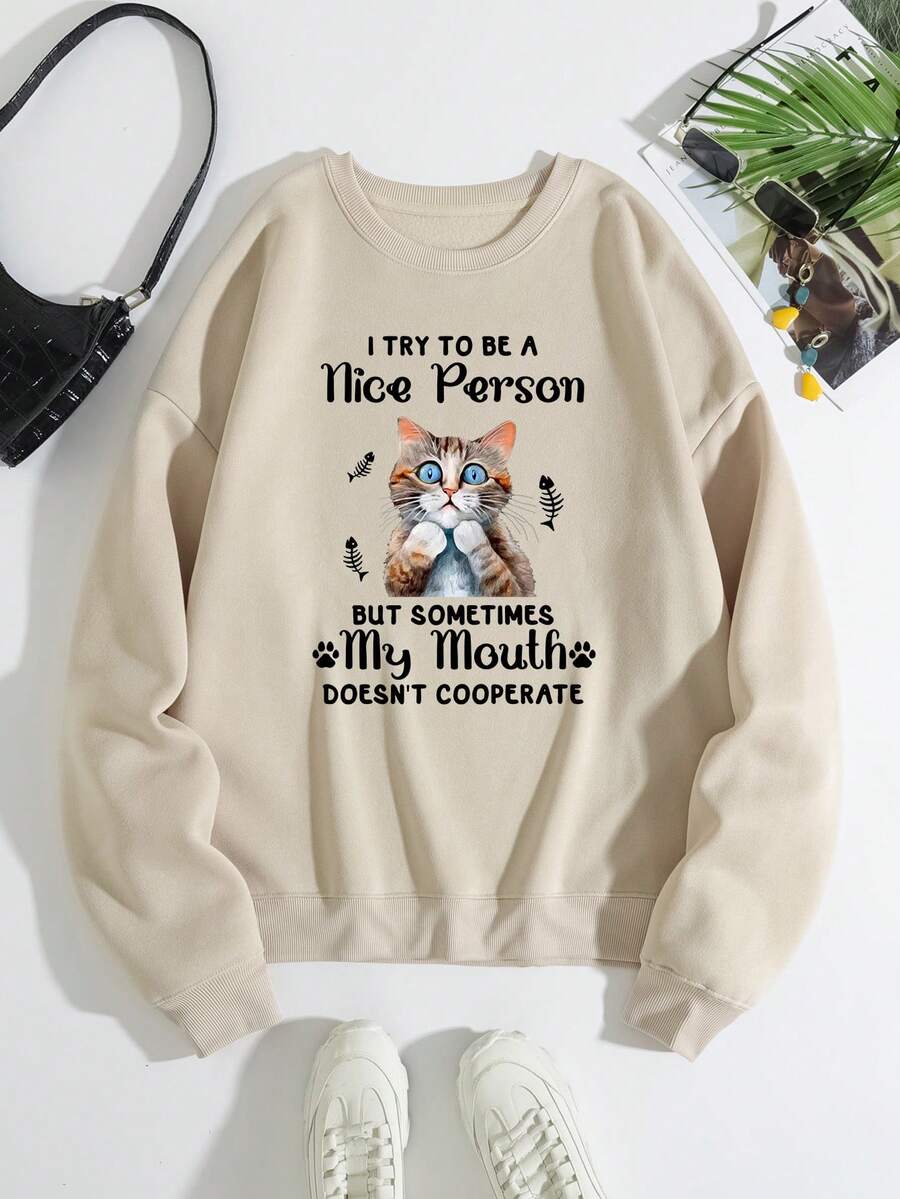 SHEIN Unity Khẩu hiệu & Đồ họa Hoạt hình Lót nhiệt Áo nỉ - Màu be - Xem 1