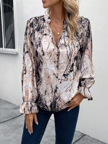 EMERY ROSE Marble Print Flounce Sleeve Blouse - Apricot - View 6