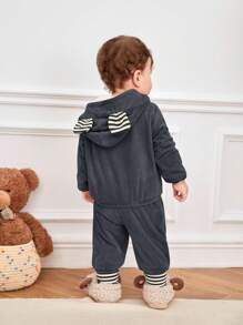 SHEIN 2 pièces Ensemble sweat-shirt à capuche et pantalon bébé unisexe, décoration d'oreille couleur contrastée, doublé thermique, épaissi - Multicolore - Voir 2