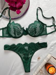 Floral Lace Underwire Lingerie Set - Dark Green - View 1