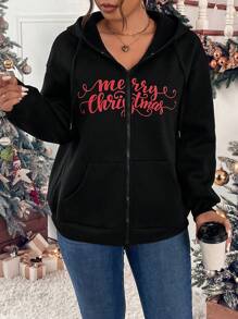 SHEIN LUNE Plus Christmas Letter Graphic Zip Up Drop Shoulder Drawstring Thermal Lined Hoodie - Black - View 1