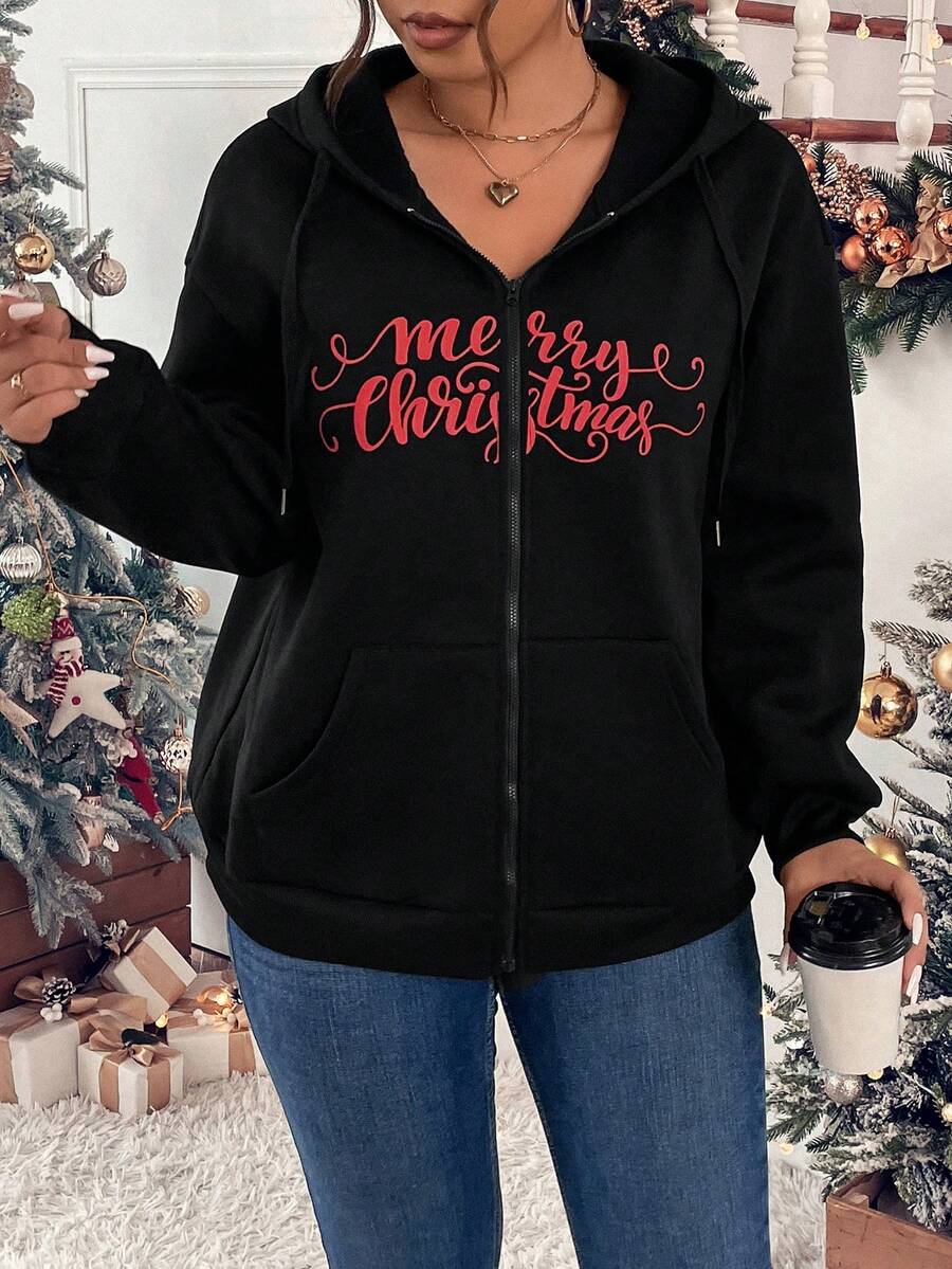 SHEIN LUNE Plus Christmas Letter Graphic Zip Up Drop Shoulder Drawstring Thermal Lined Hoodie - Black - View 1