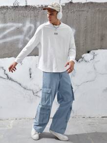 Manfinity EMRG Loose Fit Men's Flap Pocket Side Cargo Jeans Baggy Long Acid Wash Jean Plain Light Blue Going Out Street Wear Rapper - Blue - View 4