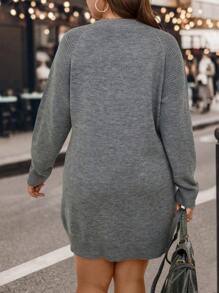 SHEIN LUNE Plus Lace Up Front Raglan Sleeve Sweater Dress - Grey - View 2