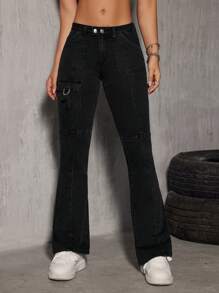 SHEIN EZwear Flap Pocket Flare Leg Jeans - Black - View 1