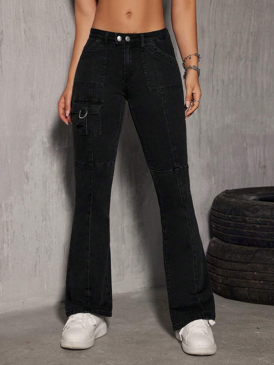 SHEIN EZwear Flap Pocket Flare Leg Jeans - Black - View 1
