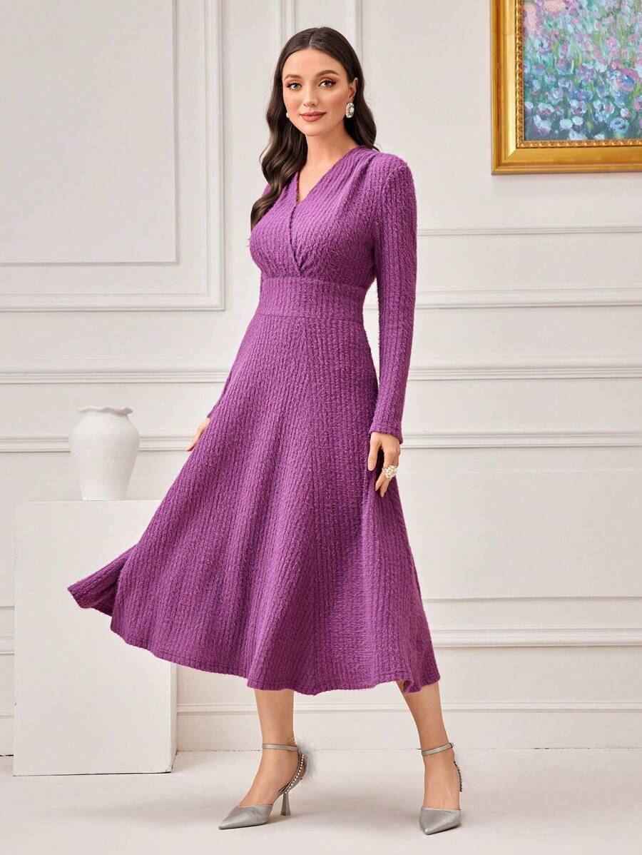 Modelyn Surplice Neck Solid A-line Dress - Red Violet - View 1