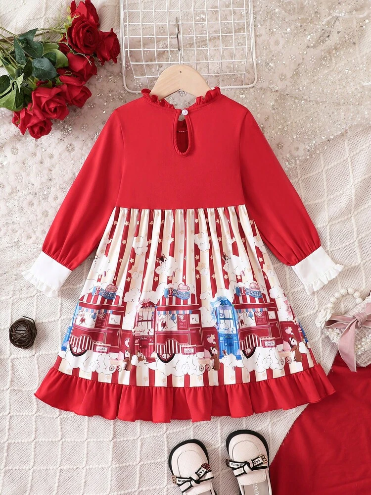 Young Girl Cartoon Graphic Bow Front Flounce Sleeve Ruffle Hem Dress for Christmas