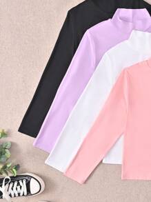 SHEIN Tween Girl 4pcs Mock Neck Solid Tee - Multicolor - View 4