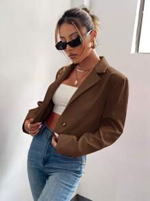 BizChic Women's Thin Lapel Open Front Short Blazer Jacket, Basic Top, Minimalist Urban Commute Style, Business Casual Outerwear For Office Wear In Fall/Winter