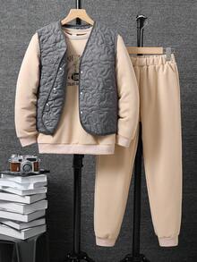 SHEIN Tween Girl Letter Graphic Pullover & Vest Jacket & Sweatpants - Multicolor - View 1