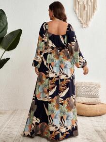 SHEIN VCAY Plus Tropical Print Lantern Sleeve Wrap Hem Dress - Multicolor - View 3
