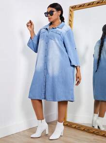 SHEIN SXY Plus Roll Up Sleeve Flap Pocket Button Front Denim Dress - Light Wash - View 1