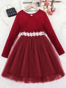 SHEIN Cô gái Tween Giấy dán hoa văn Lace  Lưới Hem Đầm Đối với Giáng sinh - Đỏ - Xem 1