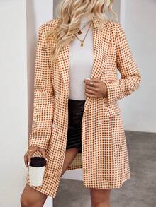 SHEIN Privé Gingham Print Double Breasted Blazer - Khaki - View 6
