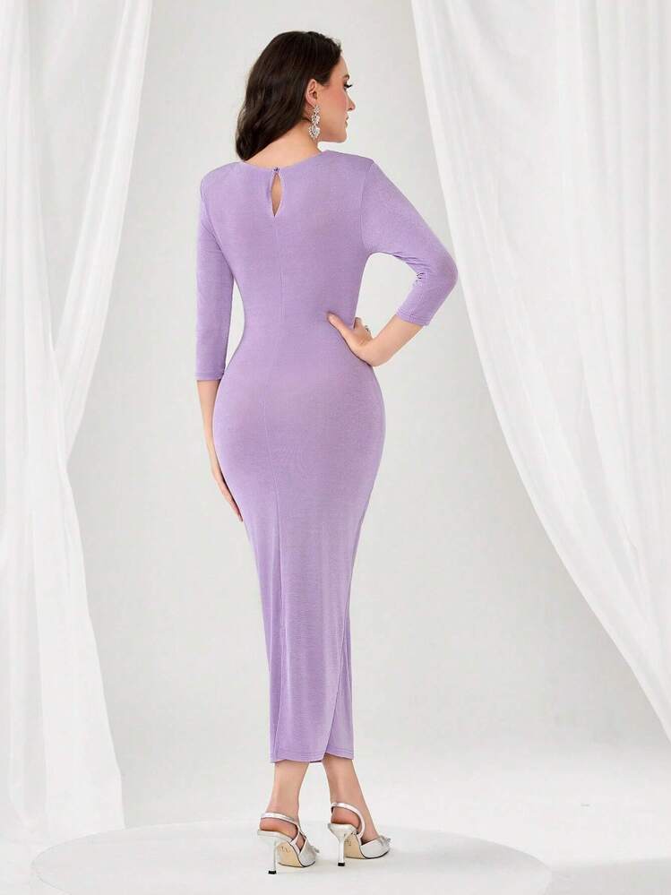melina ruched bodycon dress in purple Long Sleeve Scoop Neck, Melina Mini Dress in Chocolate, Size S, For GNO/Date Night