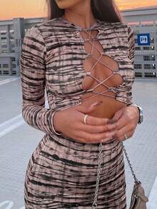 紮染十字交叉短款上衣和包臀半身裙 - 彩色 - 查看 5