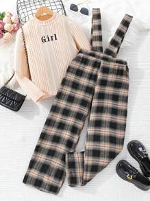 SHEIN Tween Girl Embroidery Letter Pattern T-shirt & Plaid Print Suspender Pants - Multicolor - View 3