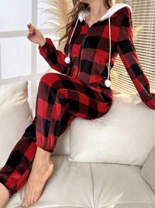 水牛格纹抽绳连帽拉链法兰绒舒适睡衣连体衣，蓬松柔软，圣诞节，冬季 - 彩色 - 查看 4