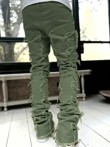 Men Ripped Frayed Skinny Jeans - Army Green - View 2