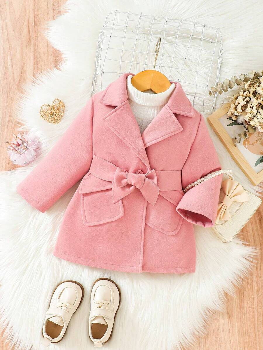 SHEIN Baby Girl 1pc Lapel Neck Flap Detail Double Button Belted Overcoat - Pink - View 1