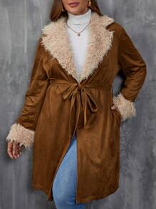 SHEIN LUNE Plus Fuzzy Trim Belted Coat