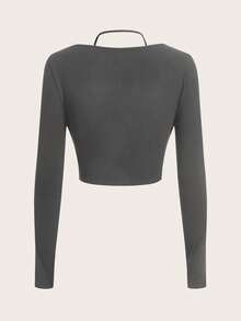 SHEIN EZwear 素色繞頸帶扣細節短款T恤 - 深灰色 - 查看 2