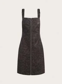 GENKIRA Zip Up PU Leather Overall Dress Without Tee - Khaki - View 1