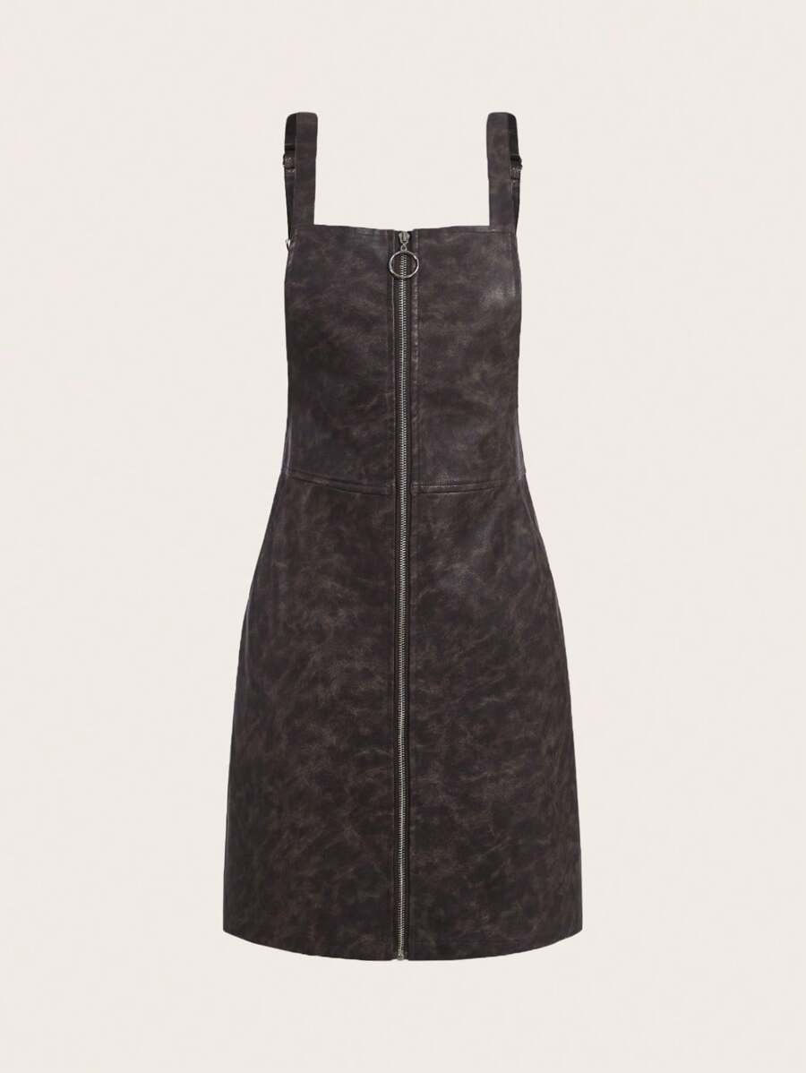 GENKIRA Zip Up PU Leather Overall Dress Without Tee - Khaki - View 1