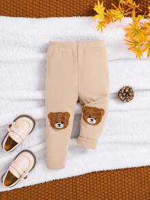 SHEIN Cute Casual All-Match Baby Girls' Bear Patched Pants - Beige - View 1