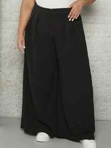 SHEIN CURVE+ 大碼素色闊腿褲 - 黑色 - 查看 4